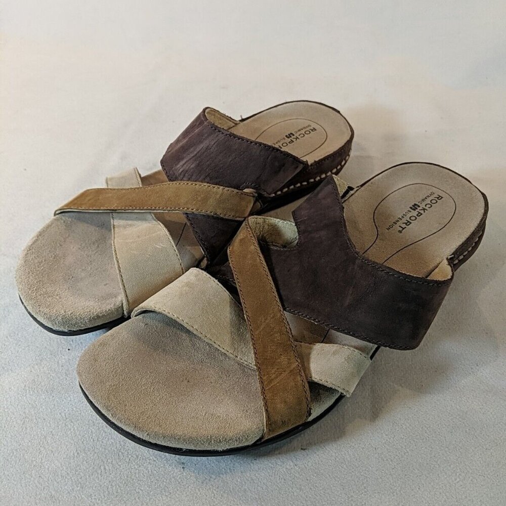 Rockport Dynamic Suspension Suede Leather Sandals Brown Beige Womens 8 APW9177B